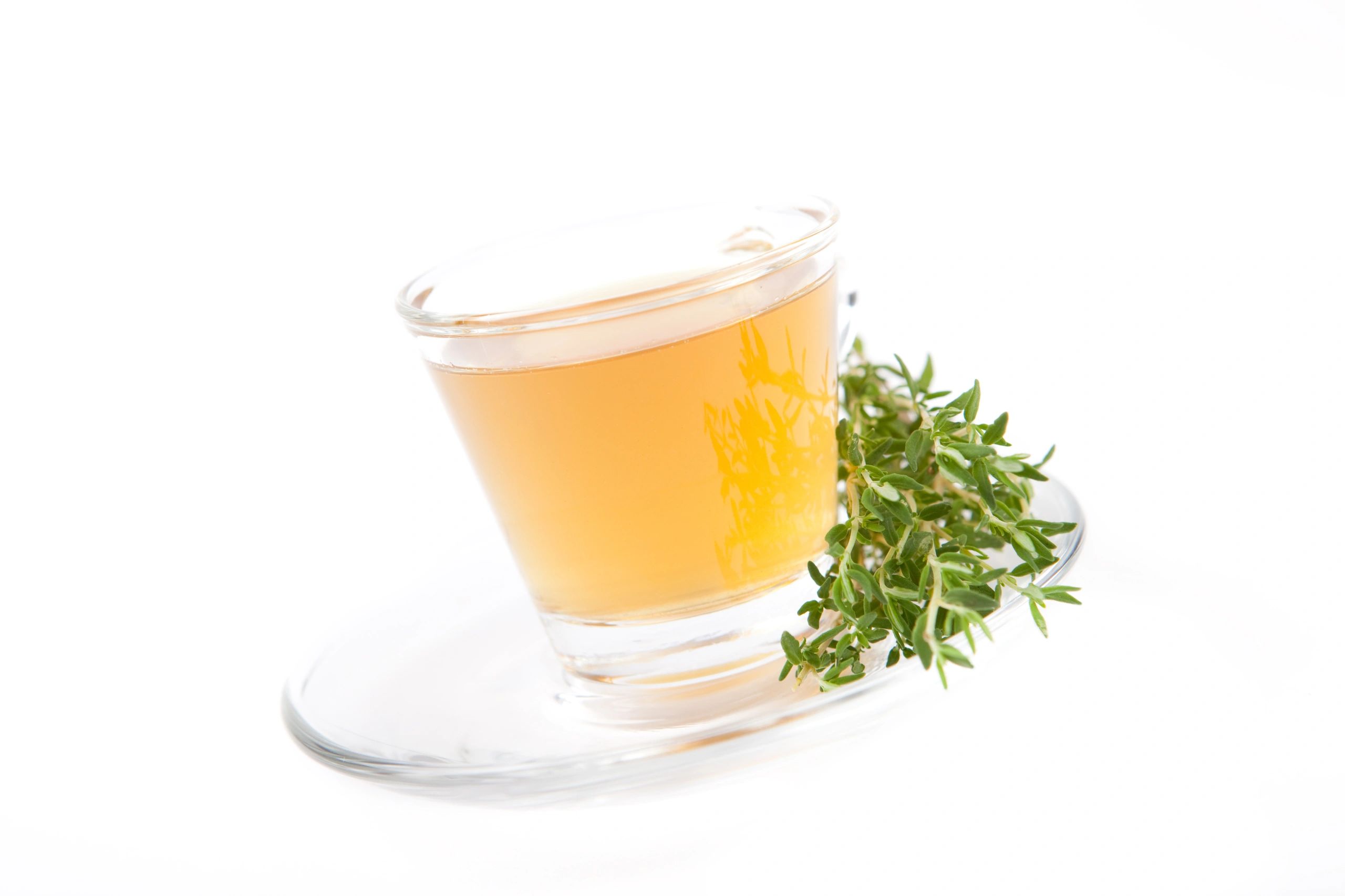 Herbal tea with fresh thyme on a clean white background